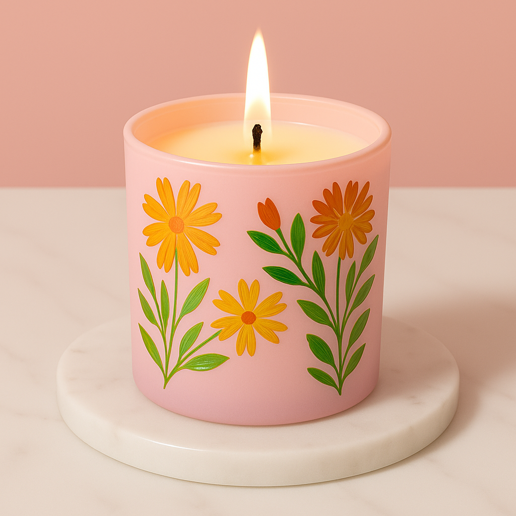 Set of 2 Hand-Painted Pink Soy Candle with Floral Design – 180ml