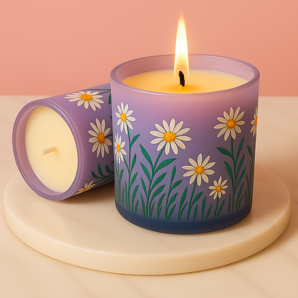 Set of 2 Hand-Painted Purple Soy Candle with Daisy Design – 180ml