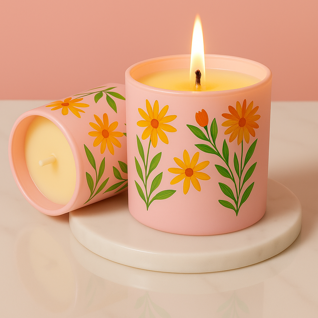 Set of 2 Hand-Painted Pink Soy Candle with Floral Design – 180ml