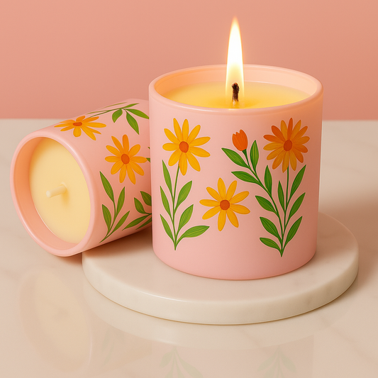 Pack of 50 – 200ml Hand-Painted Pink Glass Candle Jars with White Daisy Design