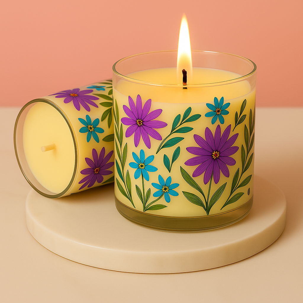 Hand-Painted Floral Soy Candle in Glass Jar – 4 Inch | 100% Natural Wax