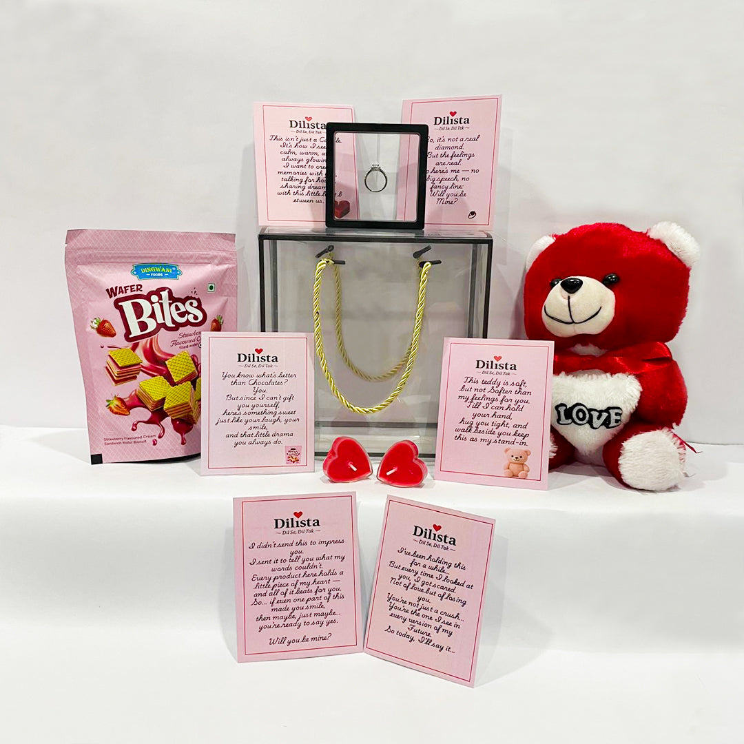 Mini Proposal Gift Box– Cute 4-Piece Love Hamper with Teddy, Ring, Candle & Chocolate | Will You Be Mine?