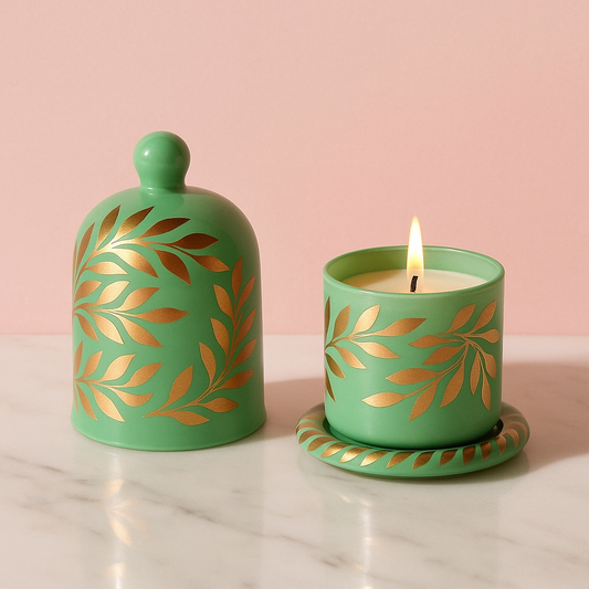 Luxury Hand-Painted Scented Candle – 180ml | Green Gold Leaf Design