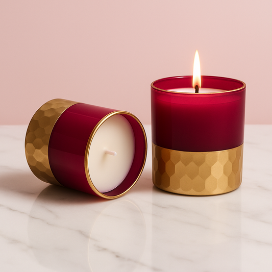 Set of 2 Premium Scented Candles – Dark Pink Glossy with Gold Detailing (180ml Each)