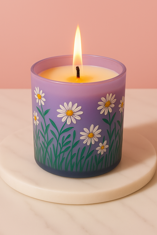 Pack of 50 – 200ml Hand-Painted Purple Glass Candle Jars with White Daisy Design
