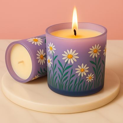 Set of 2 Hand-Painted Purple Soy Candle with Daisy Design – 180ml