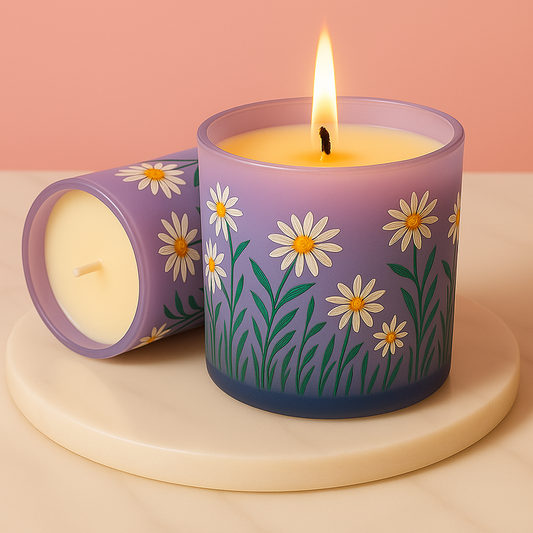 Set of 2 Hand-Painted Purple Soy Candle with Daisy Design – 180ml