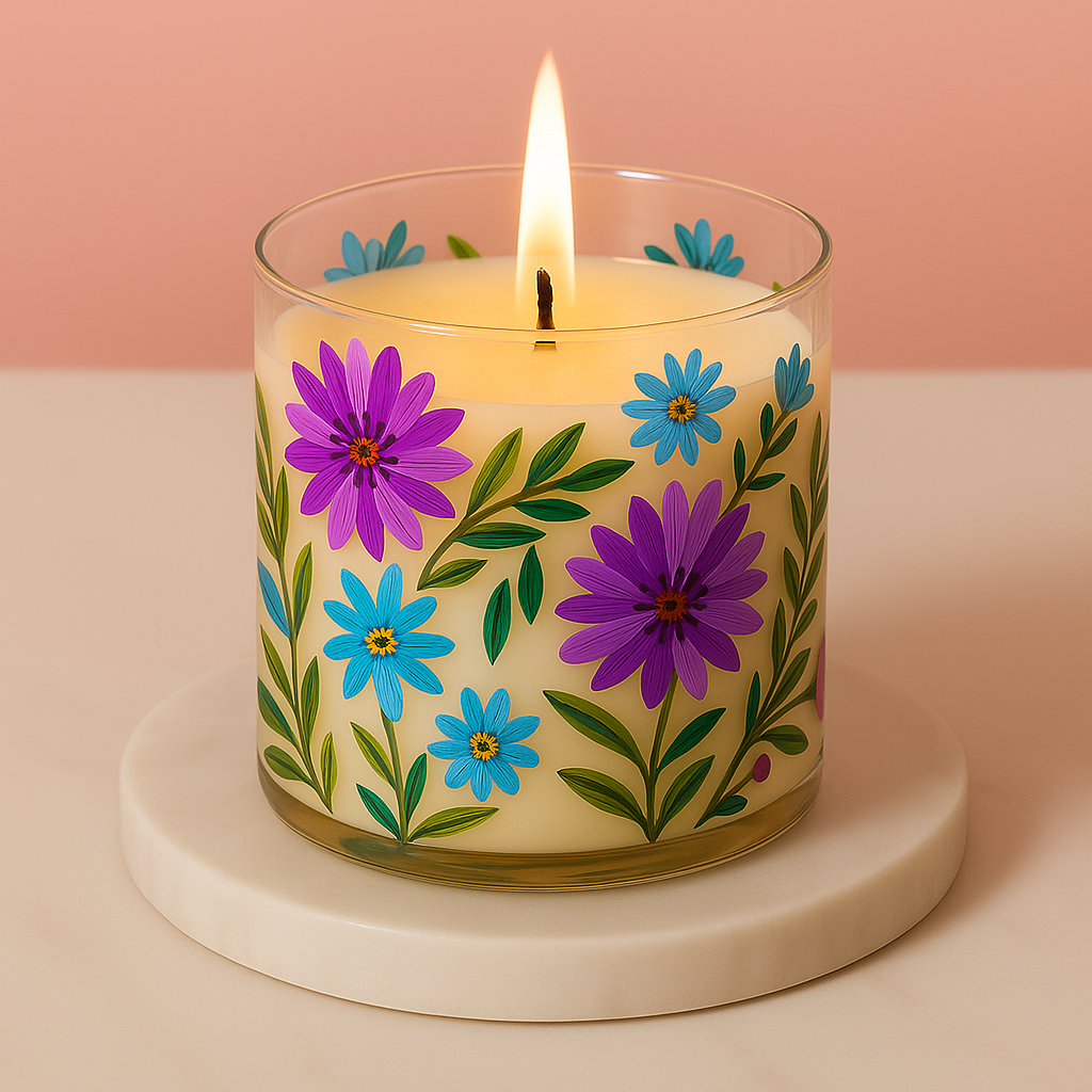 Hand-Painted Floral Soy Candle in Glass Jar – 4 Inch | 100% Natural Wax