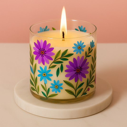 Hand-Painted Floral Soy Candle in Glass Jar – 4 Inch | 100% Natural Wax