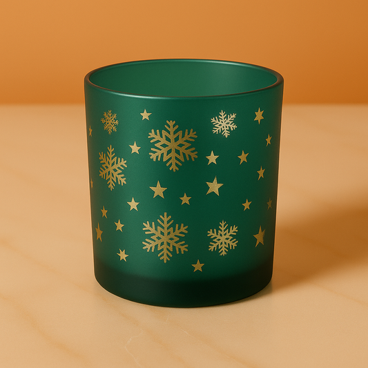 Pack of 50 – Green Christmas Candle Jars with Golden Snowflake Design