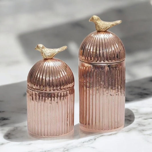 Decorative Glass Jar Set of 2 with Bird Lid | Rose Gold | Pack of 50 |