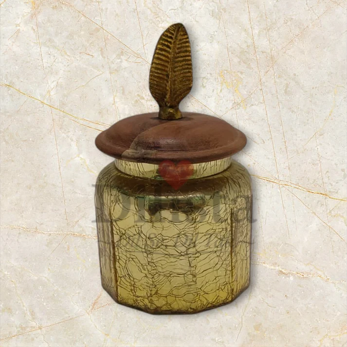 Crack-glass-jar Yellow Decorative Crackle Glass Jar with Wooden Lid & Metal Knob – 250ML - Image 1