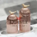 Rose Gold Silver Finish Decorative Glass Jar Set of 2 with Bird Knob