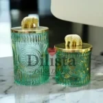 Green Decorative Cutting Glass Jar Set of 2 with Metal Lid & Elephant Knob for Premium Gifting