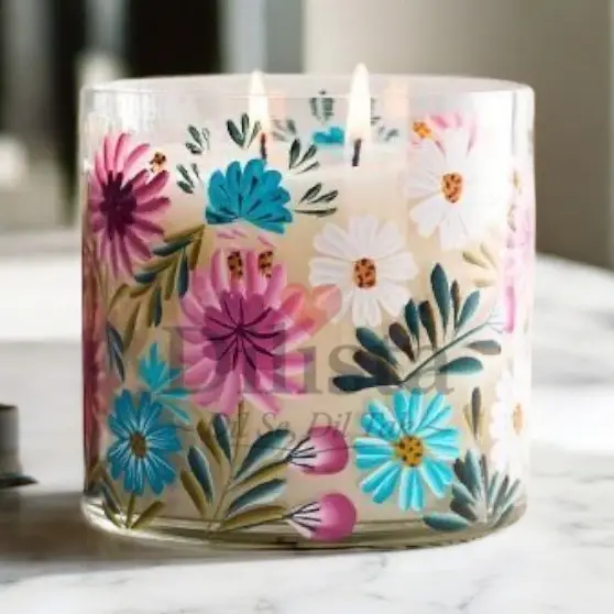 Floral-glass-jar Hand Painted Transparent Glass Candle Jar – 500 ML - Image 1