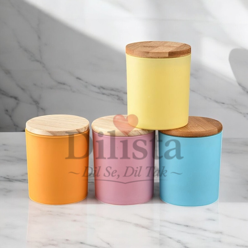 Candy-Jar-empty Matt Finish Wooden Lid Candle Jar 200ML | Pink, Yellow, Sky Blue & Orange Glass Jar - Image 1