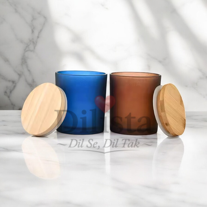Wooden-lid-candle-jar Matt Finish Wooden Lid Candle Jar 200ML | Brown & Blue Glass Candle Jar for Candle Making - Image 1
