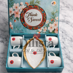 Think Sweet 5 Pieces Ceramic Cup & Leaf Plate Gift Set | Gold Rim Platter + 4 Cups | Premium Box Packing | MOQ 20 Sets (Master Pack) | Bulk Wholesale Deal